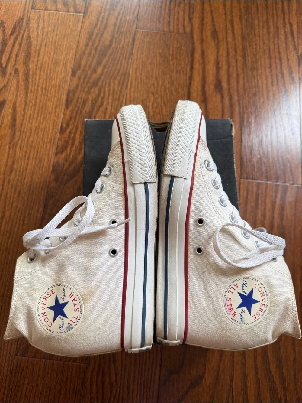Converse iconic Cream High-Top Wedge Sneakers w Red Blue Stripe size US 7.5 - Picture 3 of 8